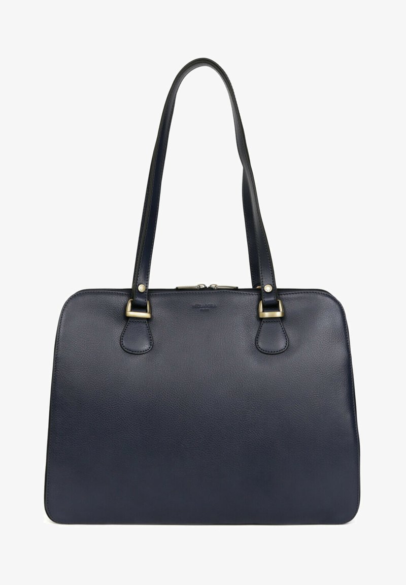 Donker marineblauwe leren handtas met twee stevige handvatten, accenten van goudkleurig metaal en een slanke rechthoekige vorm. Gladde textuur en minimale details.