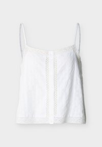 Λευκό αμάνικο τοπ με λεπτές τιράντες, κουμπιά στο μπροστινό μέρος και δαντελένια διακόσμηση κατά μήκος των άκρων και του ποδόγυρου.