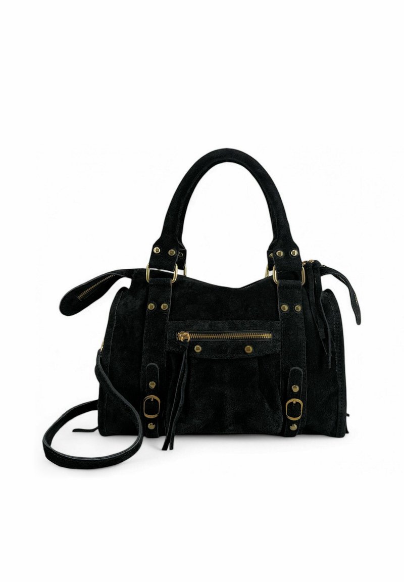 Sac à main en velours noir avec quincaillerie dorée, doubles poignées, bandoulière ajustable, poche zippée à l'avant et coutures détaillées.