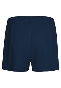 Navy blue swim shorts with an elastic waistband, featuring a simple design and smooth texture, suitable for water activities.