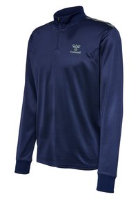 Pullover a maniche lunghe blu navy con zip a quarti, tessuto testurizzato e logo Hummel. Presenta accenti a contrasto sulle spalle.
