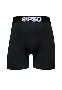 Boxer-culottes noirs en tissu texturé, avec une ceinture noire portant le logo "PSD" en blanc. Matière douce et coupe ajustée pour le confort.