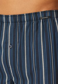 Bóxer para hombre en color marino con rayas verticales en azul y blanco. Presenta una cinturilla suave y un cierre de un solo botón.