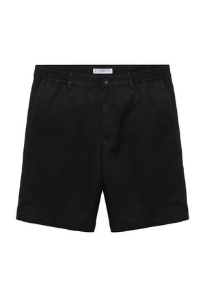 Pantaloni neri realizzati in tessuto morbido, dotati di chiusura con bottone, parte anteriore piatta e tasche laterali. Vestibilità standard con una texture liscia.