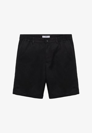 Shorts negri dintr-un material moale, cu închidere cu nasture, față plată și buzunare laterale. Croială standard, cu o textură netedă.