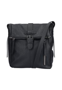 Borsa a tracolla nera in pelle con finitura testurizzata, dotata di una tasca frontale con zip, tracolla regolabile e chiusura a gancio.