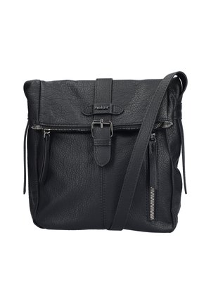 Sac en cuir noir à bandoulière avec une finition texturée, comportant une poche zippée à l'avant, une bandoulière ajustable et un système de fermeture à clip.