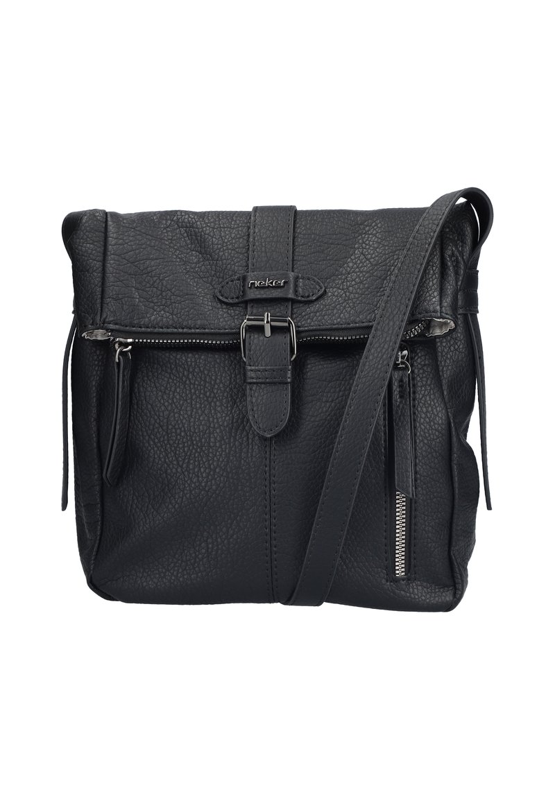 Borsa a tracolla nera in pelle con finitura testurizzata, dotata di una tasca frontale con zip, tracolla regolabile e chiusura a gancio.