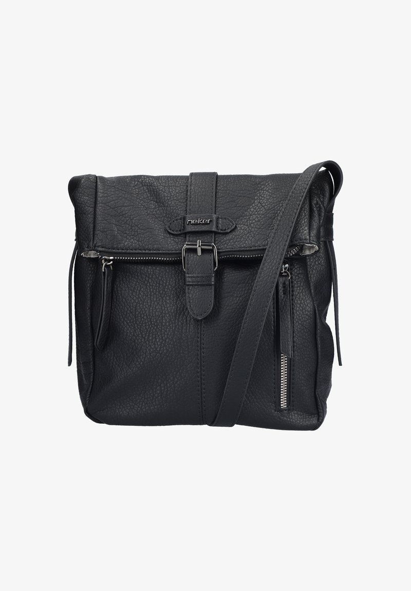 Borsa a tracolla nera in pelle con finitura testurizzata, dotata di una tasca frontale con zip, tracolla regolabile e chiusura a gancio.