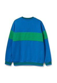 Felpa blu con una larga striscia orizzontale verde sul petto e sulle braccia, con polsini e orlo a righe abbinate blu e verdi.