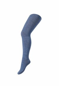 Calza alta blu lavorata a maglia realizzata in materiale morbido. Texture liscia con un motivo a maglia uniforme e design della punta arrotondata.