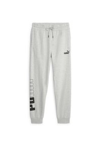 Jasnoszare dresy wykonane z bawełny, z elastycznym pasem w talii i sznurkiem, z czarnymi akcentami marki po bokach.