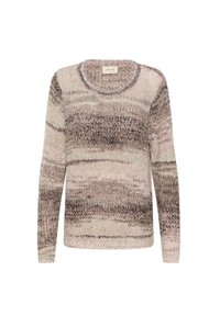 Maglione a maglia di un beige chiaro con righe orizzontali marroni e rosa chiaro. Presenta un colletto rotondo e maniche lunghe, con una texture morbida.