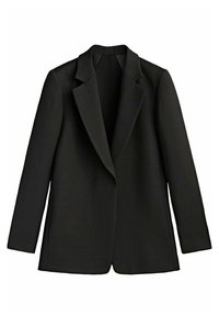 Veste blazer noire avec un design structuré, de larges revers et des manches longues. Fabriquée en tissu tissé lisse avec une coupe ajustée.