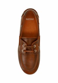 Braune Lederschuhboot mit runder Zehenform, genähten Details, Metallösen und einer glatten Textur. Das Innere zeigt den Markennamen "MANFIELD."