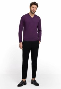 Maglione viola a scollo a V in un design aderente, abbinato a pantaloni neri a sigaretta e mocassini neri, in piedi su uno sfondo bianco.