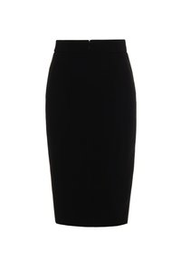 Jupe crayon noire en tissu lisse, présentant une silhouette ajustée, une fermeture éclair au dos et un design longueur genoux sans motifs visibles.