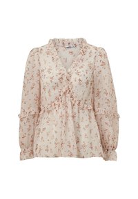 Blusa rosa chiaro con stampa floreale, colletto arricciato e maniche lunghe. Presenta una vita aderente e un fondo svasato. Realizzata in tessuto leggero.