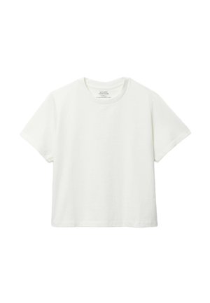 T-shirt blanc uni en coton à manches courtes avec un col rond, présenté sur un fond blanc.