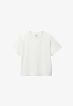 T-shirt blanc uni en coton à manches courtes avec un col rond, présenté sur un fond blanc.