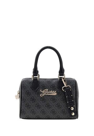 Borsa Guess nera e grigia con motivo monogramma, due manici neri, placca con logo dorato e tracolla removibile con goffratura "Guess" e borchie.