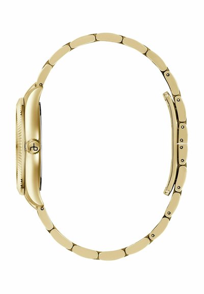 Zijaanzicht van een gouden polshorloge met een gelinkte metalen band en een kroon met een gestileerd "b"-logo op een witte achtergrond.