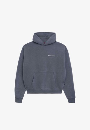 Grauer Kapuzenpullover mit einer Fronttasche und gerippten Bündchen. Mit dem weißen Schriftzug "PROHIBIERT" auf der Brust. Weicher Stoff, lässiges Design.