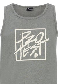 Grijze mouwloze tanktop van zacht materiaal met een groot wit grafisch ontwerp binnen een rechthoekige rand.