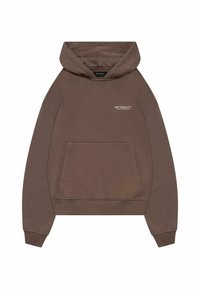 Brown hoodie made of cotton, featuring a front pocket, ribbed cuffs, and a drawstring hood. "RETENITY" logo printed on the chest.