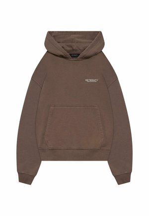 Brown hoodie made of cotton, featuring a front pocket, ribbed cuffs, and a drawstring hood. "RETENITY" logo printed on the chest.