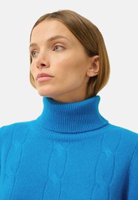 Maglione blu a collo alto realizzato in morbido tessuto a maglia, caratterizzato da un motivo a trecce e da un colletto a coste. Il design con colletto alto aggiunge calore e texture.