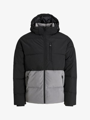 Bliuzonas pūkinis, turintis juodą viršutinę dalį ir pilką apatinę dalį, su gaubtu, priekiniais užtrauktukais ir krūtine kišene, pagamintas iš izoliacinės medžiagos.