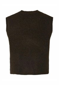 Tmavě hnědý bezrukávový pletený svetr s ribovanou texturou. Zadní část má rovný střih a minimální detaily.