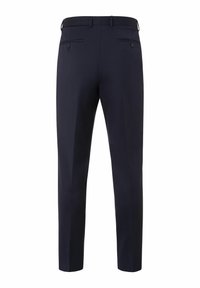 Marineblauwe op maat gemaakte broek met een gladde textuur, rechte pijpen en twee achterzakken, met subtiele stikdetails.