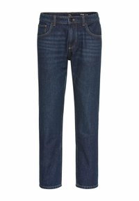 Lässig geschnittene dunkelblaue Denim-Jeans mit fünf Taschen, einem Knopfverschluss und kontrastierenden orangen Nähten, in geradem Bein-Design.