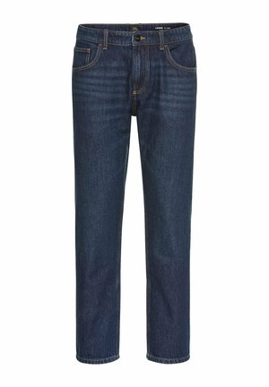 Ruimvallende donkerblauwe denim jeans met vijf zakken, een knoopsluiting en contrasterende oranje stiksels, met een recht gesneden pijp ontwerp.