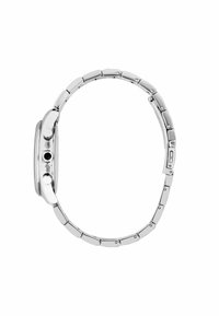 Orologio da polso in metallo argentato con finitura lucida, quadrante rettangolare e tre pulsanti sul lato. Il bracciale presenta maglie interbloccate.