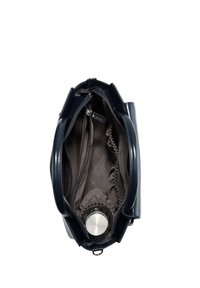 Marineblaue Lederhandtasche mit strukturiertem Innenraum und mehreren Fächern, ausgestattet mit einem metallischen Boden und einem gerafften Stofffutter.