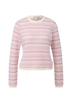 Trui met lange mouwen van gebreide stof met crème- en lichtroze horizontale strepen en geribbelde manchetten en halslijn.