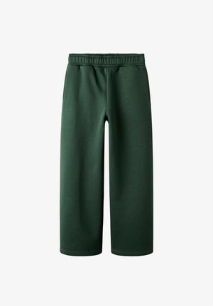 Pantalon court à jambes larges vert foncé avec taille élastique, poches avant et texture de tissu lisse.