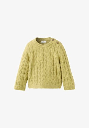 Kabelstrickpullover in hellgrün mit Rundhalsausschnitt, langen Ärmeln und zwei Knöpfen an der Schulter für zusätzliche Details.