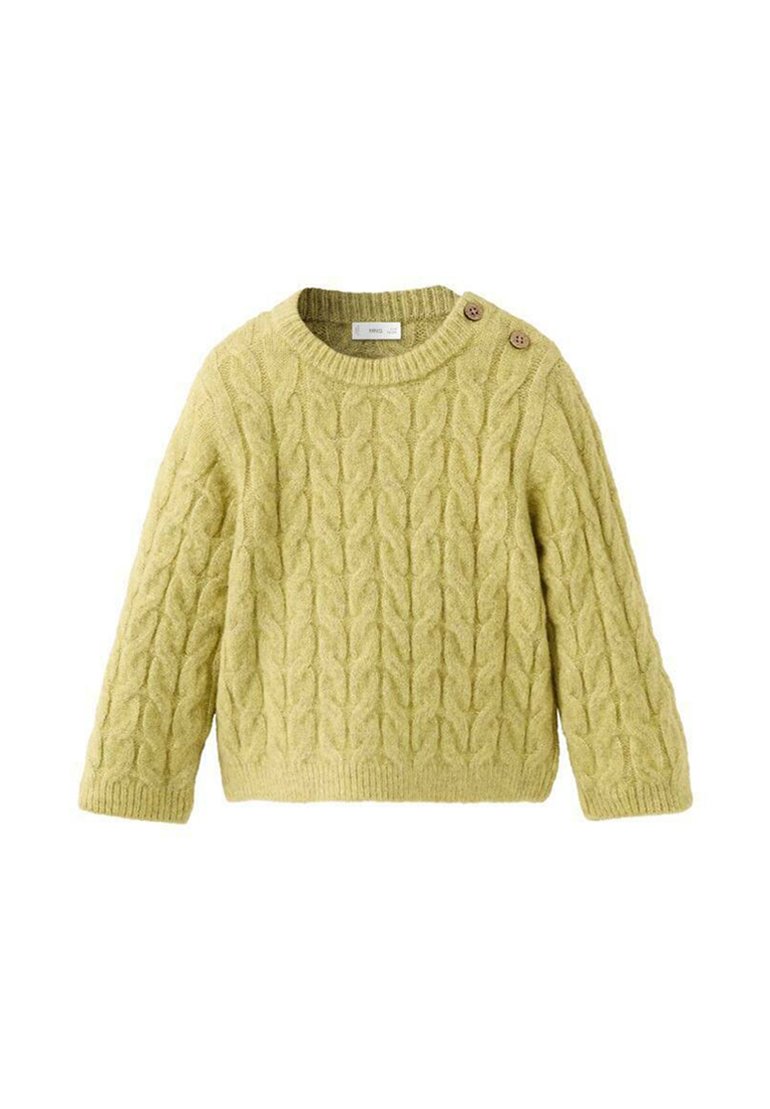 Kabelstickad tröja i ljusgrön, med rund halsringning, långa ärmar och två knappar på axeln för extra detalj.