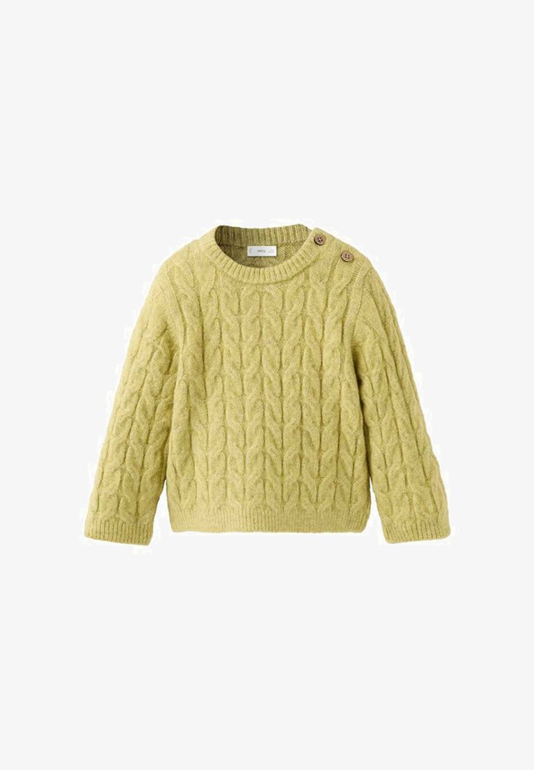 Pull en maille torsadée de couleur vert clair, avec un col rond, des manches longues et deux boutons à l'épaule pour une touche de détail.