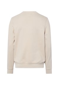Light beige sweatshirt with a crew neck, ribbed cuffs, and hem. Made of soft fabric, featuring a smooth texture with no visible logos.