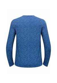 Blauw langshirt met lange mouwen en een gemêleerd breipatroon, met raglan mouwen en een ronde halslijn. Subtiele stikseldetails bij de naden.
