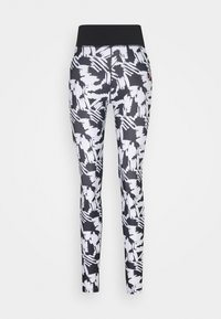 Legginsit, joissa on korkea musta vyötärö, musta-valkoisella abstraktilla siveltimellä kuvioitu kangas, valmistettu joustavasta, sileästä kankaasta.