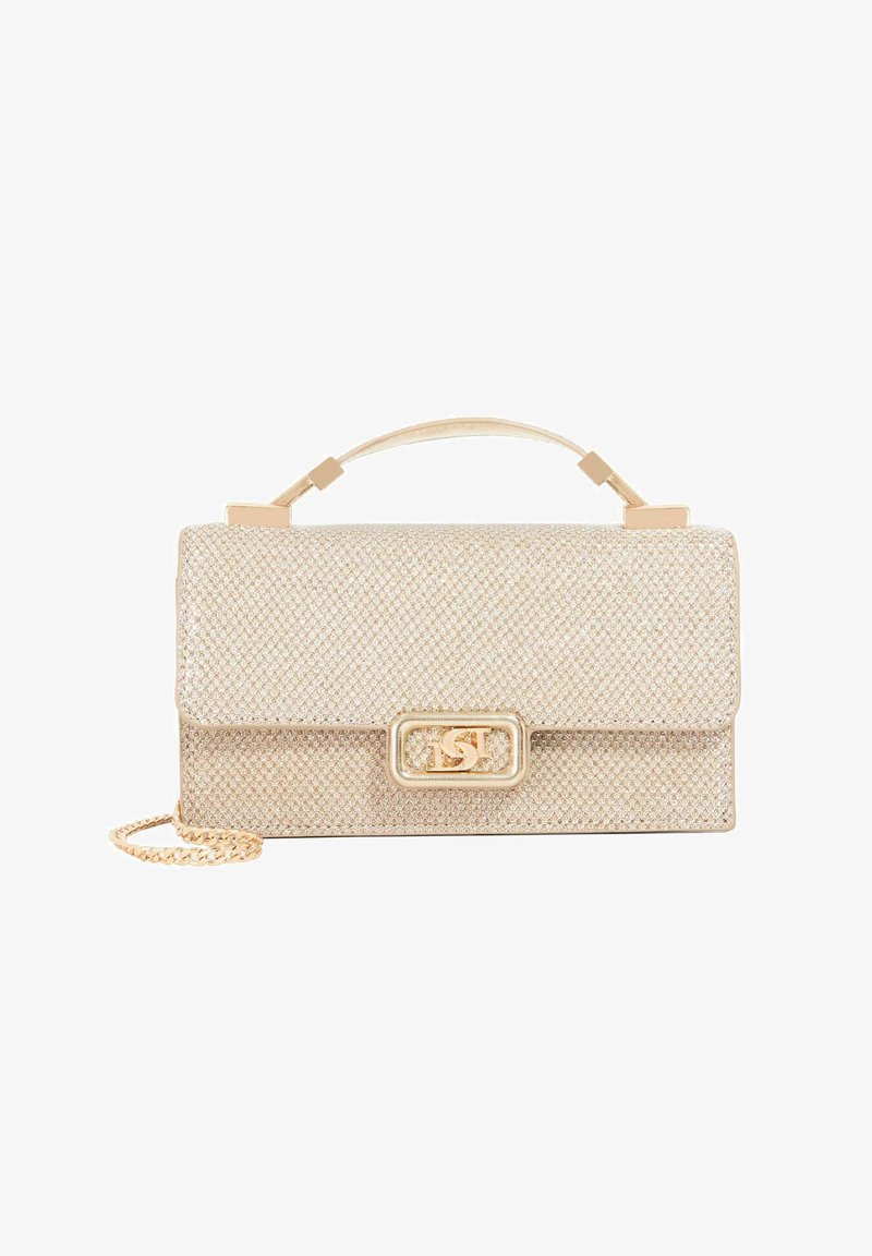Gold-toned handbag with a textured surface, rectangular shape, top handle, and detachable chain strap. Features a branded clasp closure.