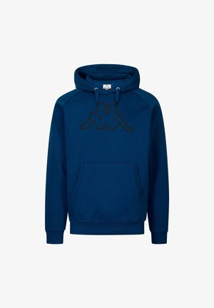 Felpa con cappuccio blu in misto cotone, con tasca frontale a marsupio, cappuccio con coulisse e logo nero sul petto. Polsini e orlo a costine.
