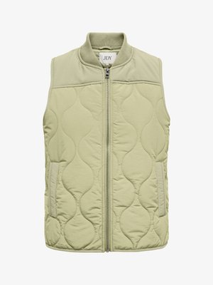 Lichtgroene gewatteerde mouwloze bodywarmer met een rits aan de voorkant, een geribbelde kraag en twee zijzakken.