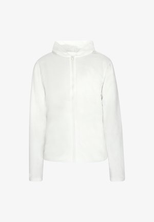 Hanorac alb cu fermoar, cu o textură moale, mâneci lungi și glugă. Design simplu, fără modele sau accente. Potrivit pentru îmbrăcăminte casual.